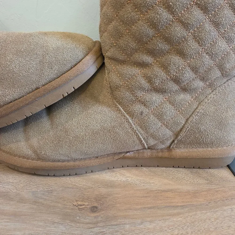 Bearpaw Quilted Suede Mid Calf Boots Women's 10 Brown Sheepskin Wool Lined